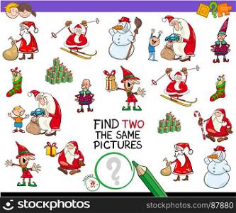 Cartoon Illustration of Finding Two Identical Pictures Educational Activity Game for Children with Christmas Holiday Characters