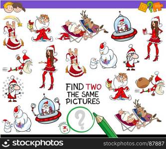 Cartoon Illustration of Finding Two Identical Pictures Educational Activity Game for Children with Funny Christmas Holiday Characters