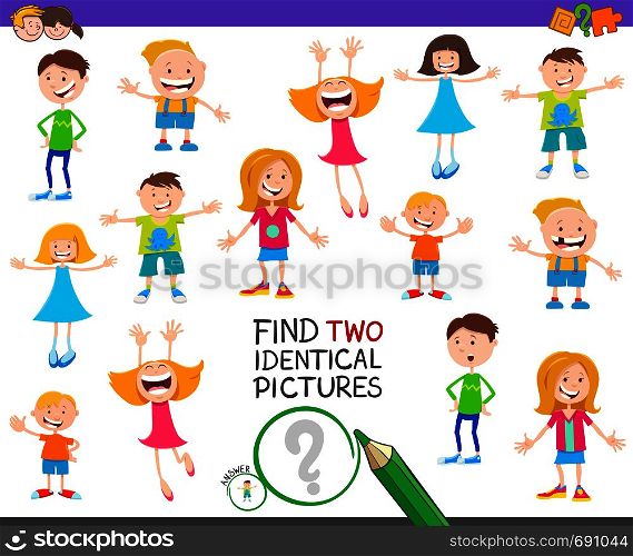 Cartoon Illustration of Finding Two Identical Pictures Educational Activity Game for Kids with Happy Children and Teens Characters