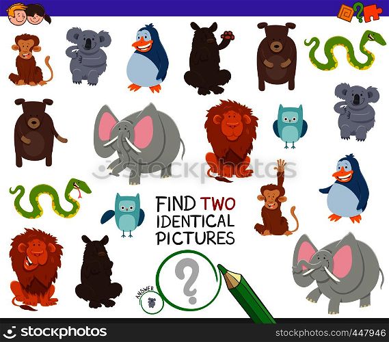 Cartoon Illustration of Finding Two Identical Pictures Educational Game for Children with Funny Wild Animal Characters