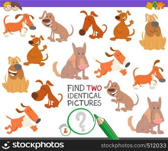 Cartoon Illustration of Finding Two Identical Pictures Educational Game for Children with Cute Dogs and Puppies Characters