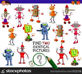 Cartoon Illustration of Finding Two Identical Pictures Educational Game for Children with Happy Robot and Droid Characters