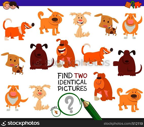 Cartoon Illustration of Finding Two Identical Pictures Educational Game for Children with Cute Dog and Puppy Characters