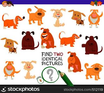 Cartoon Illustration of Finding Two Identical Pictures Educational Game for Children with Cute Dog and Puppy Characters