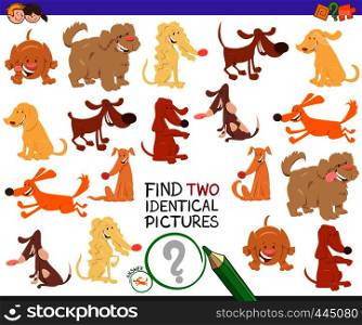 Cartoon Illustration of Finding Two Identical Pictures Educational Game for Children with Cute Dog Characters