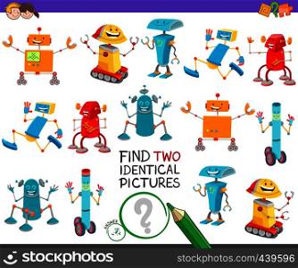 Cartoon Illustration of Finding Two Identical Pictures Educational Game for Children with Cute Robot Characters