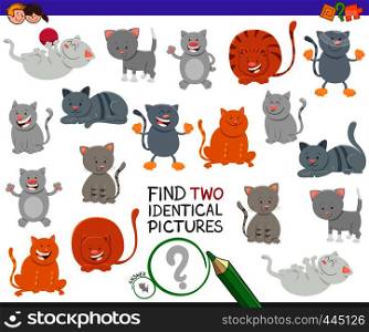 Cartoon Illustration of Finding Two Identical Pictures Educational Game for Children with Happy Cat Characters