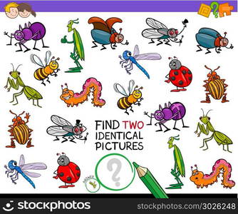 Cartoon Illustration of Finding Two Identical Pictures Educational Game for Children with Insects Animal Characters