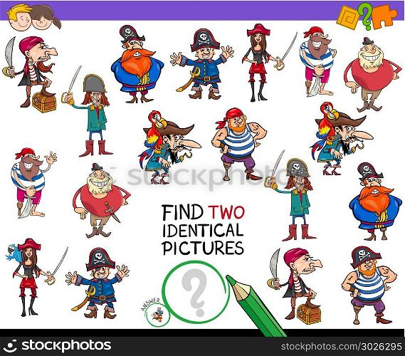 Cartoon Illustration of Finding Two Identical Pictures Educational Game for Children with Pirates Fantasy Characters