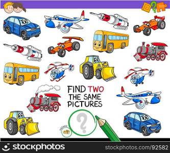 Cartoon Illustration of Finding Two Identical Pictures Educational Game for Children with Transport Vehicle Characters