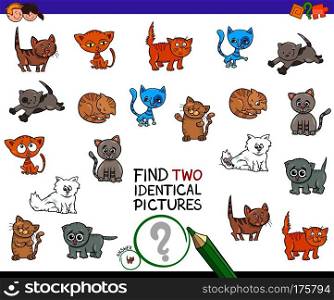 Cartoon Illustration of Finding Two Identical Pictures Educational Game for Kids with Kitten Characters