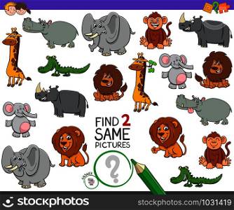 Cartoon Illustration of Finding Two Same Pictures Educational Activity Game for Children with Wild Animal Characters