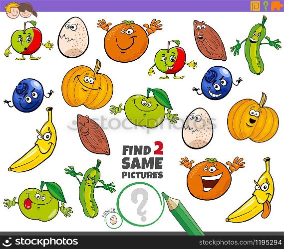 Cartoon Illustration of Finding Two Same Pictures Educational Activity Game for Children with Vegetables and Fruits and Food Characters