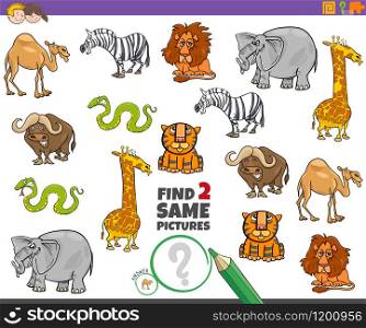 Cartoon Illustration of Finding Two Same Pictures Educational Activity Game for Children with Wild Animal Characters