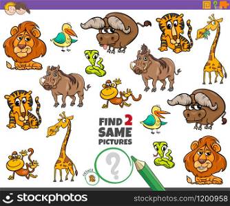 Cartoon Illustration of Finding Two Same Pictures Educational Activity Game for Children with Funny Wild Animal Characters