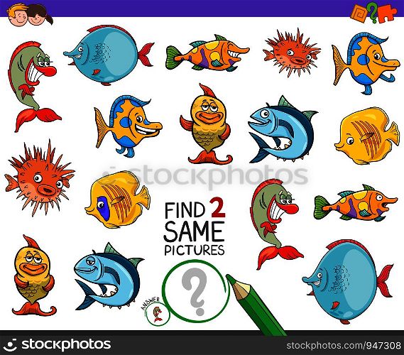 Cartoon Illustration of Finding Two Same Pictures Educational Activity Game for Children with Funny Fish Animal Characters