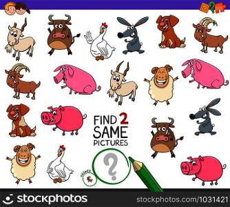 Cartoon Illustration of Finding Two Same Pictures Educational Activity Game for Kids with Farm Animal Characters