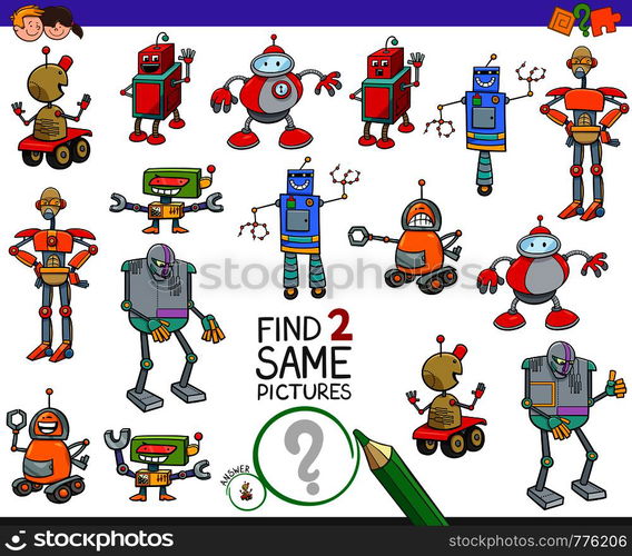 Cartoon Illustration of Finding Two Same Pictures Educational Activity Game for Kids with Funny Robots Characters