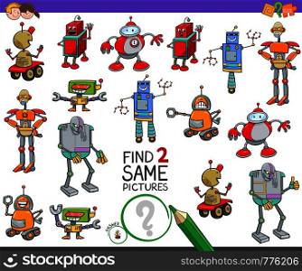 Cartoon Illustration of Finding Two Same Pictures Educational Activity Game for Kids with Funny Robots Characters