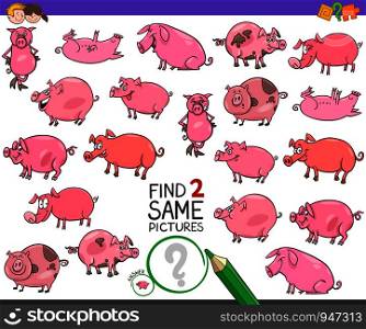 Cartoon Illustration of Finding Two Same Pictures Educational Activity Game for Kids with Funny Pigs Farm Animal Characters