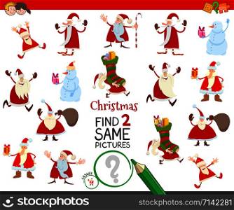 Cartoon Illustration of Finding Two Same Pictures Educational Activity Task for Children with Santa Claus Christmas Characters