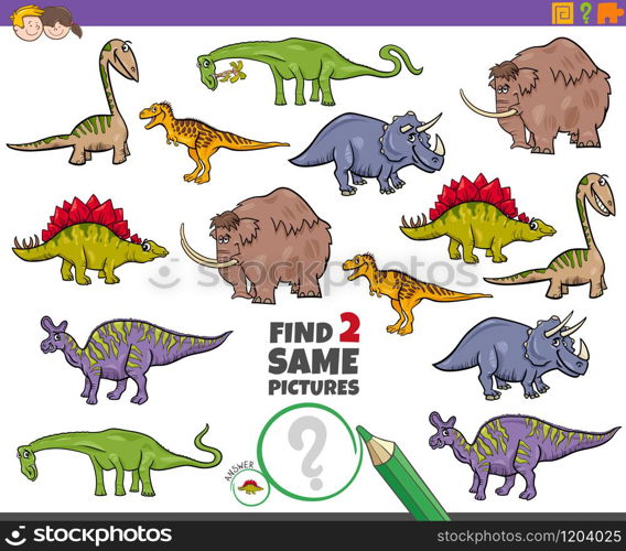 Cartoon Illustration of Finding Two Same Pictures Educational Game for Children with Funny Dinosaurs and Prehistoric Animal Characters