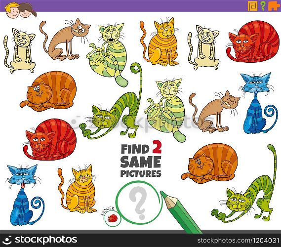 Cartoon Illustration of Finding Two Same Pictures Educational Game for Children with Funny Cats Animal Characters