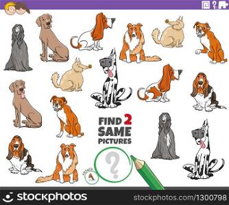 Cartoon Illustration of Finding Two Same Pictures Educational Game for Children with Purebred Dogs Animal Characters