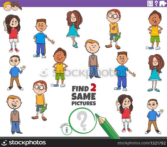 Cartoon Illustration of Finding Two Same Pictures Educational Game for Children with Funny Kids or Teens Comic Characters
