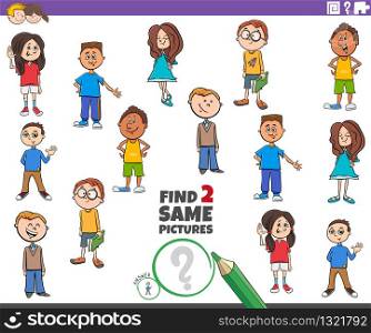 Cartoon Illustration of Finding Two Same Pictures Educational Game for Children with Funny Kids or Teens Comic Characters