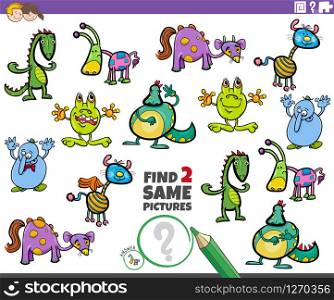 Cartoon Illustration of Finding Two Same Pictures Educational Game for Children with Funny Fantasy Characters