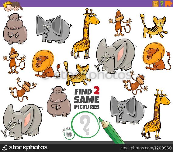 Cartoon Illustration of Finding Two Same Pictures Educational Game for Children with Wild Animal Characters
