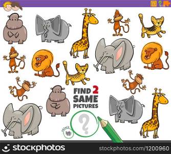 Cartoon Illustration of Finding Two Same Pictures Educational Game for Children with Wild Animal Characters