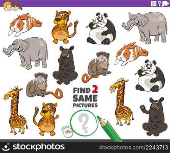 Cartoon illustration of finding two same pictures educational game with cartoon animals characters
