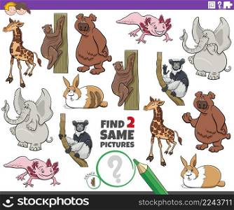 Cartoon illustration of finding two same pictures educational game with cartoon wild animals characters