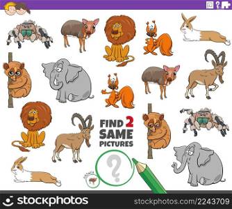 Cartoon illustration of finding two same pictures educational game with comic animals characters