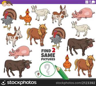 Cartoon illustration of finding two same pictures educational game with comic farm animals characters