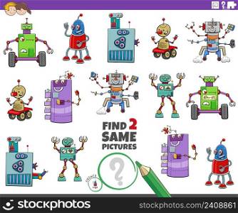 Cartoon illustration of finding two same pictures educational game with comic robot characters