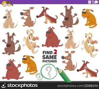 Cartoon illustration of finding two same pictures educational game with funny dogs animals characters