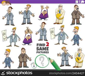 Cartoon illustration of finding two same pictures educational game with funny men or businessmen characters