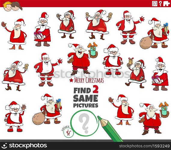 Cartoon illustration of finding two same pictures educational game with Santa Claus characters on Christmas time