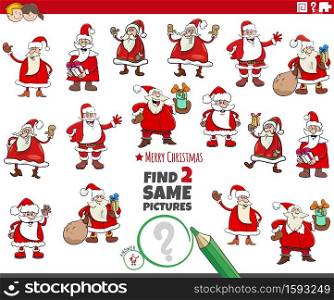Cartoon illustration of finding two same pictures educational game with Santa Claus characters on Christmas time