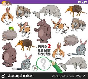 Cartoon illustration of finding two same pictures educational task with cartoon wild animals characters