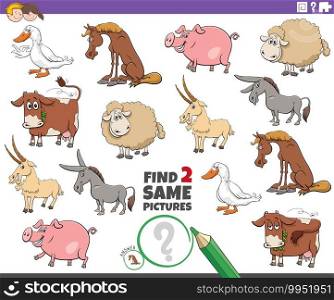Cartoon illustration of finding two same pictures educational task with farm animal characters