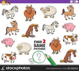 Cartoon illustration of finding two same pictures educational task with farm animals characters