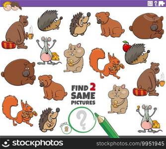 Cartoon illustration of finding two same pictures educational task with funny animal characters