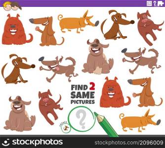 Cartoon illustration of finding two same pictures educational task with funny dogs animals characters