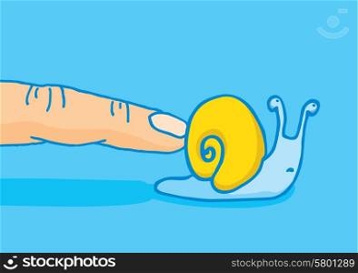 Cartoon illustration of finger pushing and rushing a slow snail