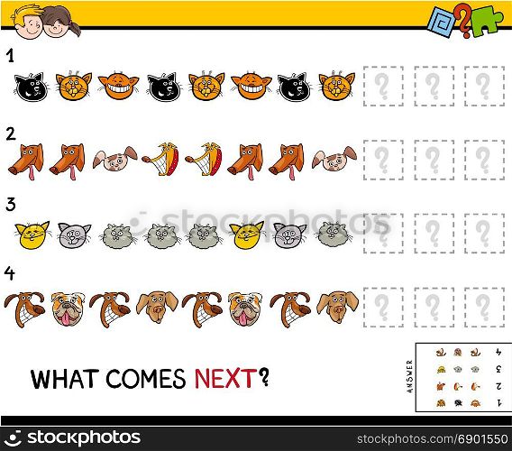 Cartoon Illustration of Finishing the Pattern Educational Activity Game for Preschool Children with Cat and Dog Characters