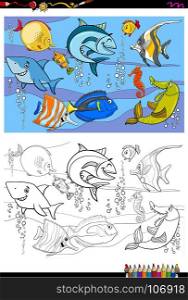 Cartoon Illustration of Fish Animal Characters Group Underwater Coloring Book Activity